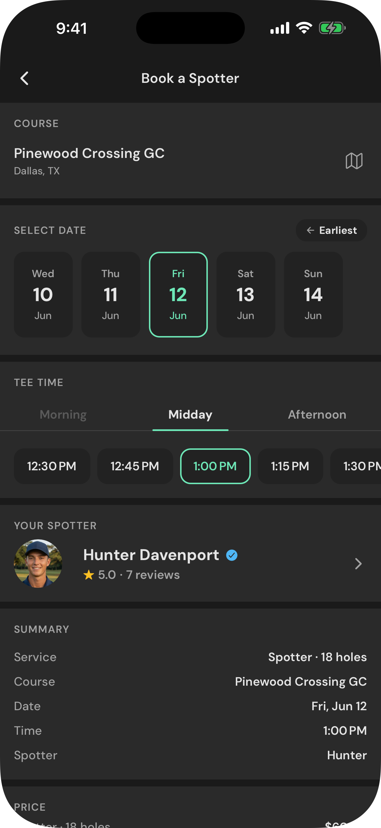 Booking screen showing date, tee time, and the spotter assigned to your round