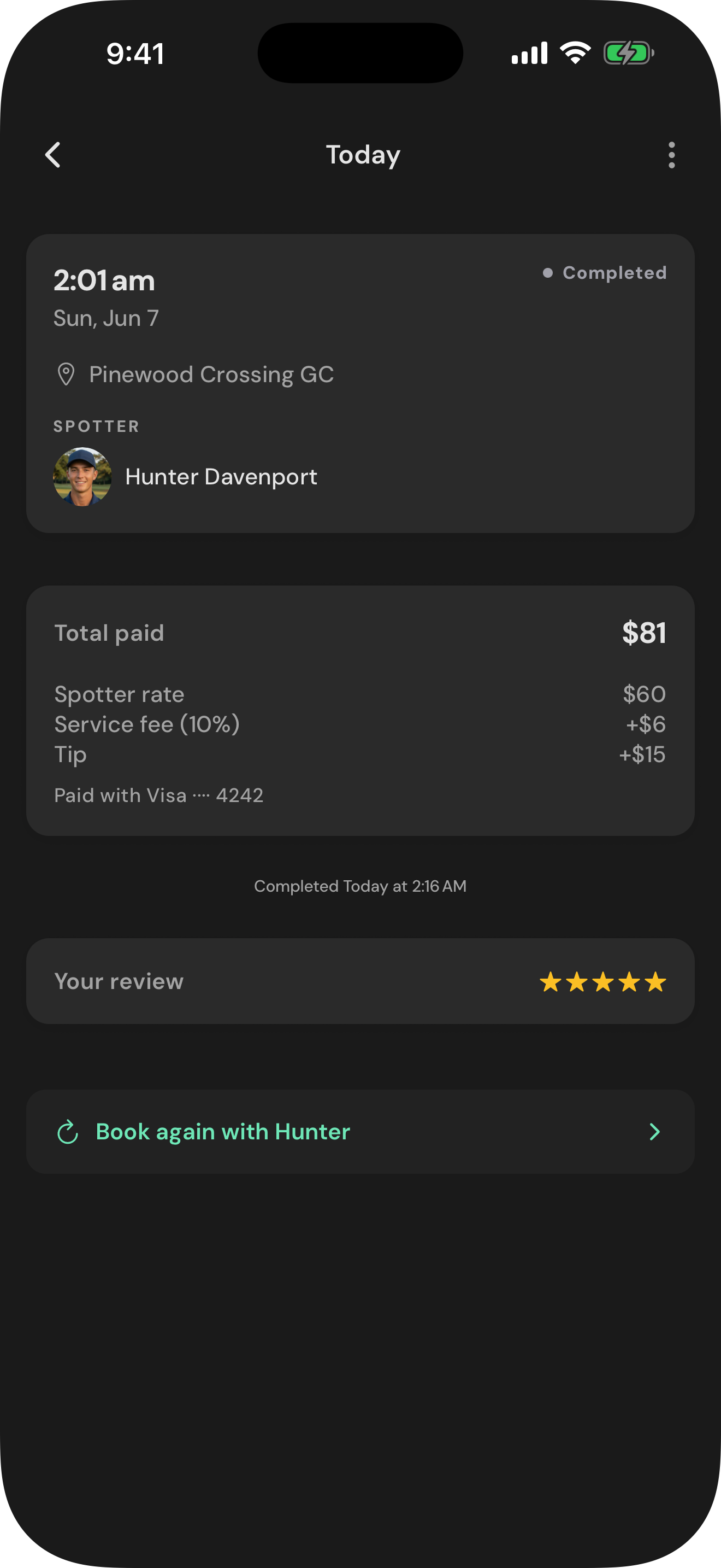 Completed round screen showing total paid, tip, and five-star review